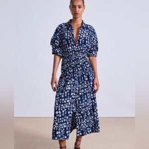 Apiece Apart SOPHIA SMOCKED SHIRT DRESS Baltic geo indigo NWT!